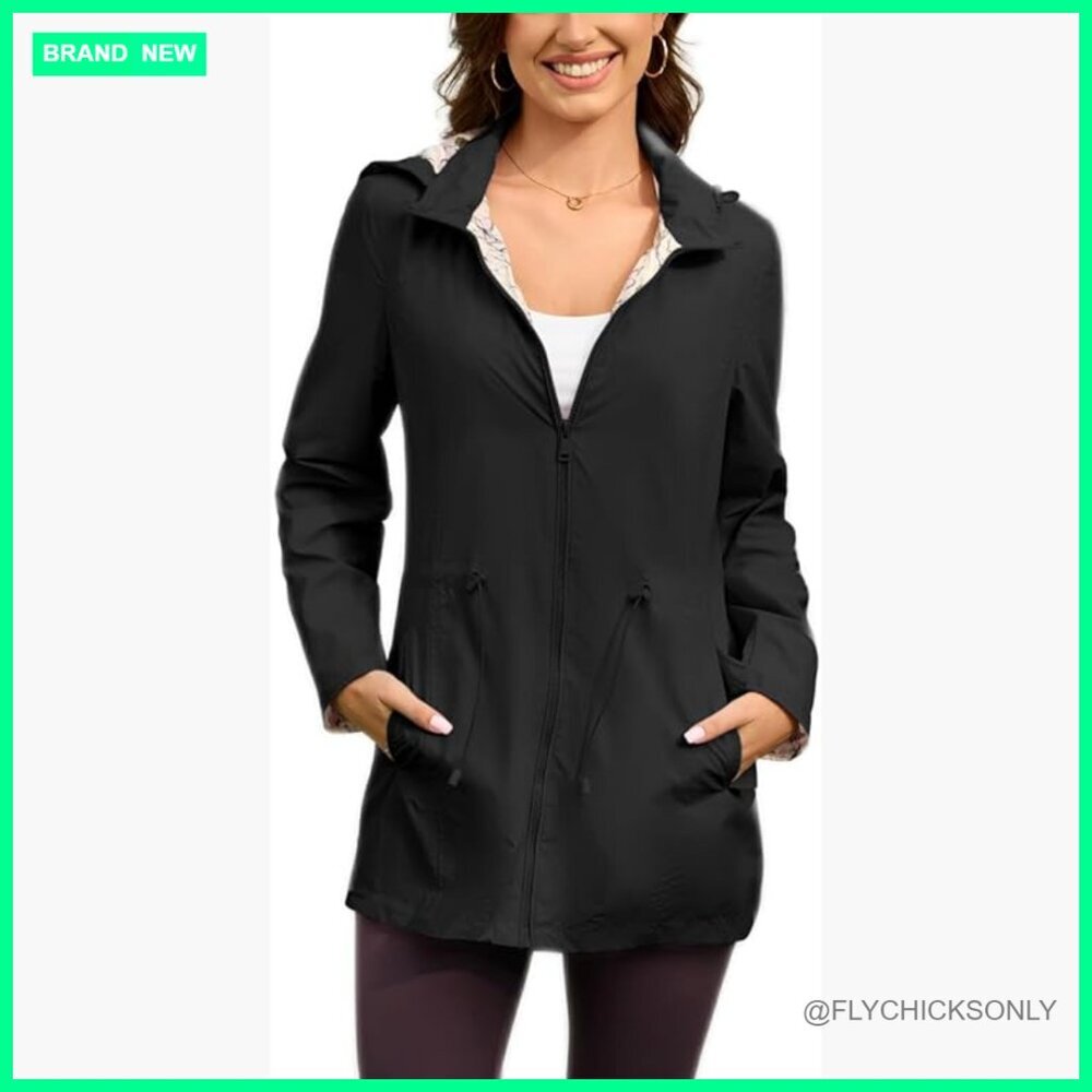 Waterproof Trench Coat Rain Jacket with Detachable Hood Lightweight